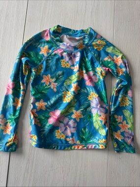 wonder nation Blue Floral Long-Sleeve Kids Rash Guard